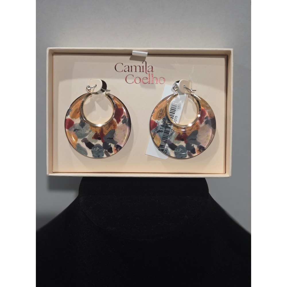 Camila Coelho Womens Abstract Print Acrylic Gold Tone Hoop Earrings New Confetti